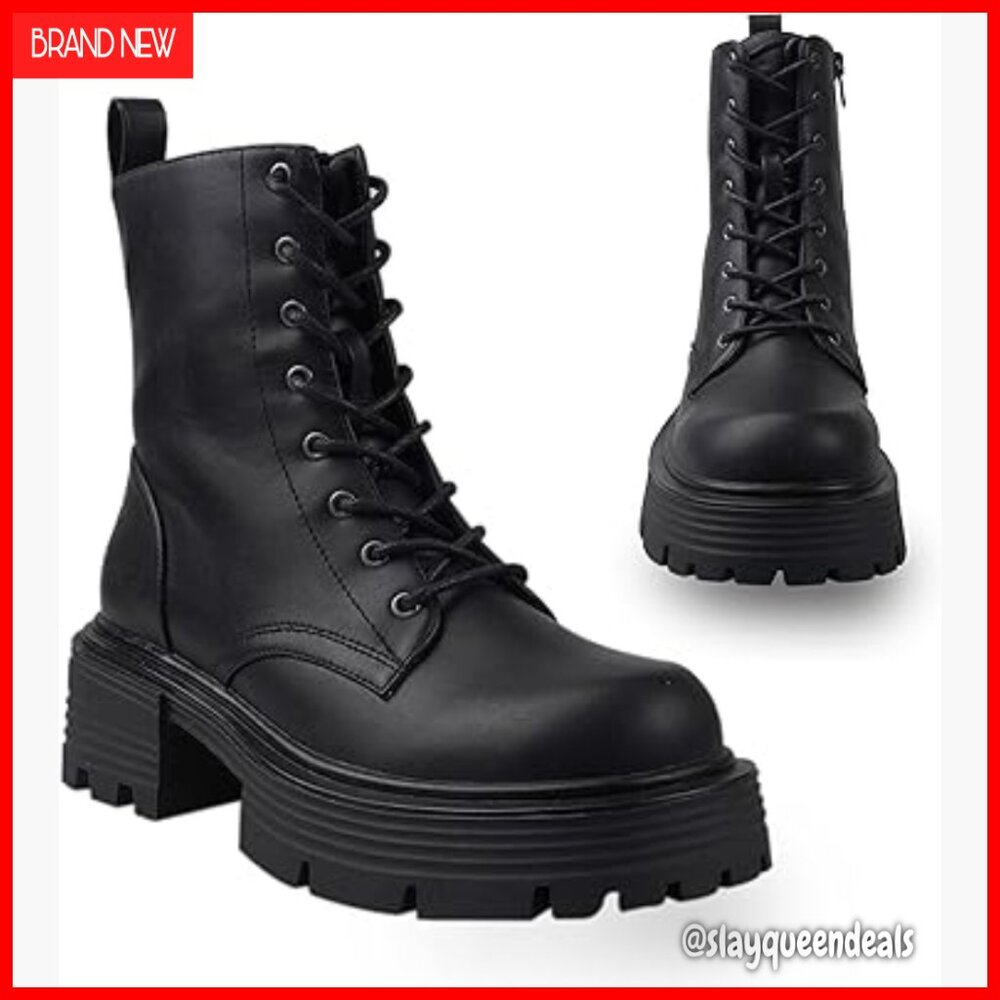 Mid-Calf Combat Boots Platform Lug Sole Side Zip Chunky Heel